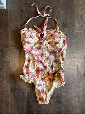 Women’s Floral One-Piece Swimsuit in Yellow with Pink Flowers. Halter style